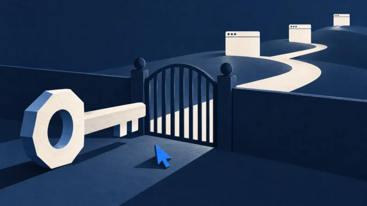 A large white key meets a navy gate before a winding path to three browser-window shapes.